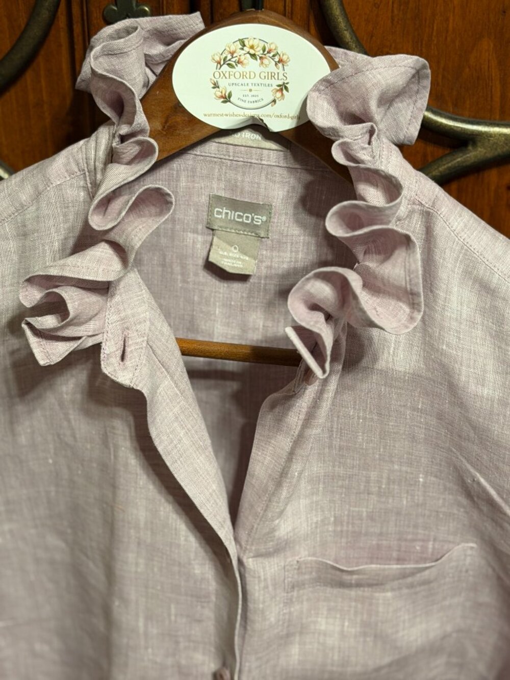 Upcycled Light Mauve Linen Ruffle Collar Blouse /Chicos / S/M